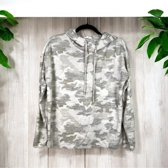 Workshop Camo Grey White Hooded Sweater womens size small lightweight stretch - Picture 1 of 9